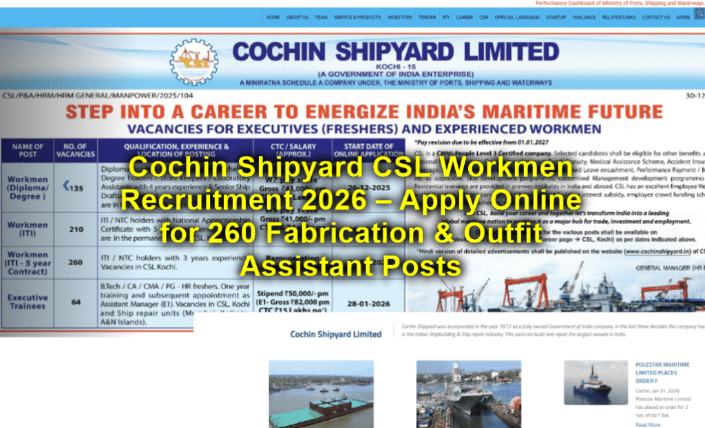 Cochin Shipyard CSL Workmen Recruitment 2026 – Apply Online for 260 Fabrication & Outfit Assistant Posts
